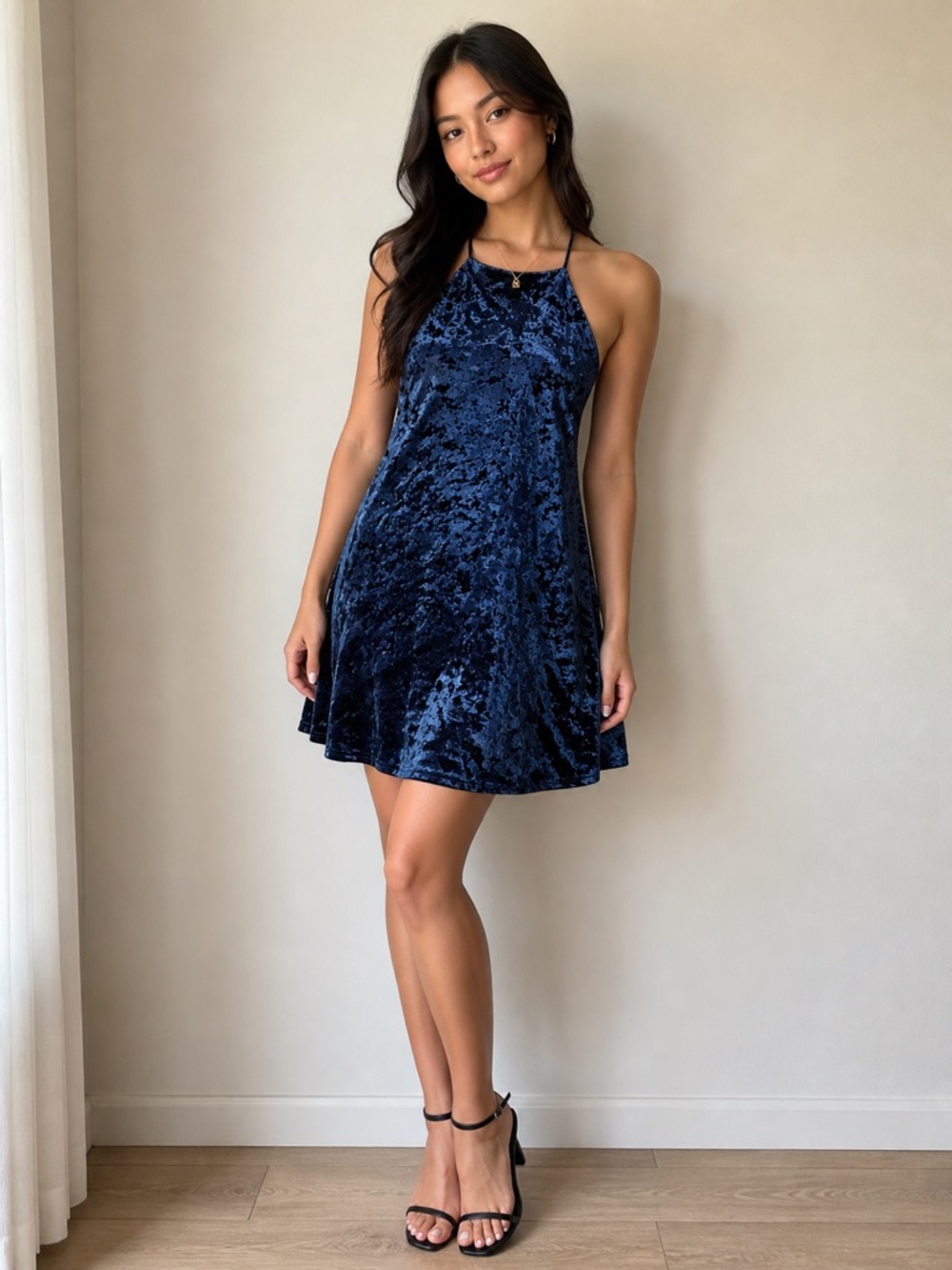 Velvet Navy Blue Halter Swing Dress size‎ M